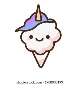 Cotton candy unicorn emoji vector character. Anime style cartoon sweet food. Funny kawaii face isolated clipart drawing. Carnival party cloud snack. Cute illustration.