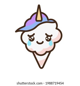 Cotton candy unicorn emoji vector character. Anime style cartoon sweet food. Funny kawaii face isolated clipart drawing. Carnival party cloud snack. Cute illustration.