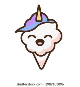 Cotton candy unicorn emoji vector character. Anime style cartoon sweet food. Funny kawaii face isolated clipart drawing. Carnival party cloud snack. Cute illustration.