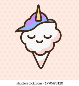 Cotton candy unicorn emoji vector character. Anime style cartoon sweet food. Funny kawaii face isolated clipart drawing. Carnival party cloud snack. Cute illustration.