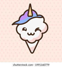 Carácter vector emocional unicornio de caramelo de algodón. Caricatura de comida dulce estilo anime. Funny kawaii se enfrenta a un aislado dibujo de clipart. Bocadillo en la nube de la fiesta de carnaval. Cuta ilustración.