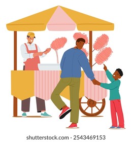 Cotton Candy Vendor Serves A Father And Child At A Fair. Cartoon Vector Vibrant Scene Highlights The Sweet, Nostalgic Treat, Creating Joyful Moments And Family Memories In A Lively Carnival Setting