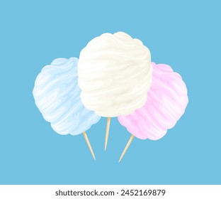 Cotton candy in white, pink and blue colors. Vector cartoon illustration of sweets.