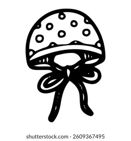 Cotton cap with ties of newborn baby. Hand drawn doodle. Headdress. Hat. Clothes of a small child. Childhood. Vector line art illustration.