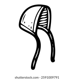 Cotton cap with ties of a newborn. Hand drawn doodle. Headdress. Hat. Clothes of a small child. Childhood. Vector line art illustration.