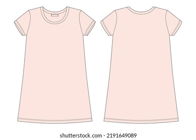 Cotton chemise technical sketch. Light pink color. Nightdress for woman. Sleepwear CAD mockup. Back and front view. Design for packaging, fashion catalog. Fashion vector illustration