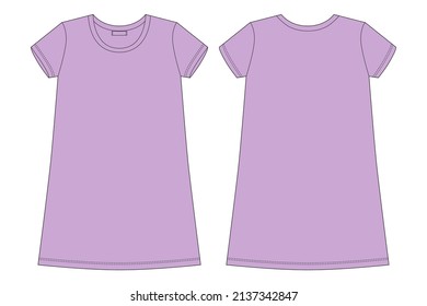 Cotton chemise technical sketch. Nightdress for woman. Lilac color. Sleepwear CAD mockup. Back and front view. Design for packaging, fashion catalog. Fashion vector illustration