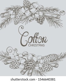 Cotton christmas composition with flowers, conifer cone, gingerbread cookie, fir tree leaves and cinnamon sticks. Holiday outline sketch style vector