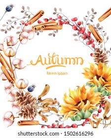 Cotton, cinnamon and berries autumn wreath bouquet card vector watercolor. Isolated background. Provence flowers banner