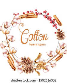 Cotton, cinnamon and berries autumn wreath bouquet card vector watercolor. Isolated background. Provence flowers banner