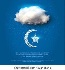 Cotton cloud with lace moon and star. Vector illustration.