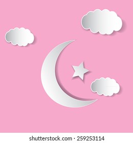 Cotton cloud with lace moon and star. Vector illustration. 