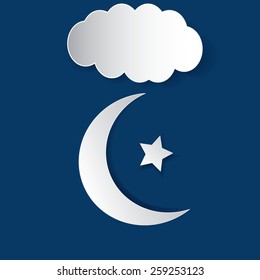 Cotton cloud with lace moon and star. Vector illustration. 