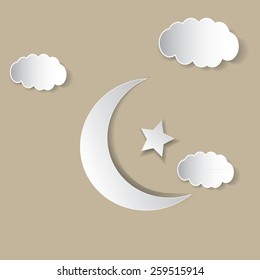 Cotton cloud with lace moon and star. Vector illustration.