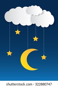 Cotton cloud with lace moon and star. Vector illustration.