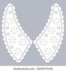 vector de diseño de encaje de cuello de algodón. plantilla de esbozo de recorte técnico de vista frontal. detalle de corte por láser de línea de cuello con algodón de encaje vintage. adorno decorativo de bordado de eyelet para el borde de tela.
