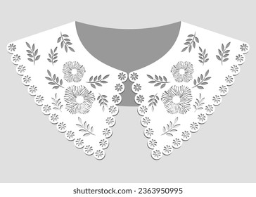 Cotton Kragen Spitzen Design Vektor. technische Schnittvorlage für die Frontansicht. Halslaserschnitt-Detail mit Vintage Spitzen-Baumwolle. Wimpernstickereiverzierung für Stoffrahmen.