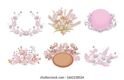 Cotton Compositions with Blossomed Buds and Twigs Vector Set