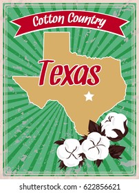 Cotton Country. Stylized image of cotton bolls. Map of the state of Texas on a green striped background. Deep South. Style of the vintage poster. Universal print. Vector illustration EPS 8