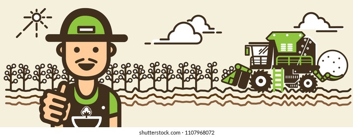 Cotton crop ripe harvesting with happiness farmer illustration