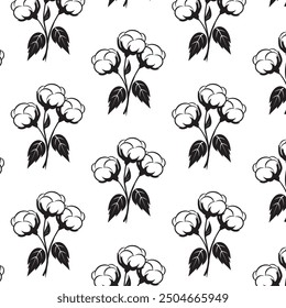 cotton daisy elegant beautiful flower and leaves seamless pattern floral in black and white background for textile print in fashion wallpaper vector high quality