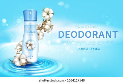 Cotton deodorant antiperspirant spray bottle mock up banner. Natural beauty cosmetics product tube with white soft flowers on branch stand on water surface background, realistic 3d vector illustration