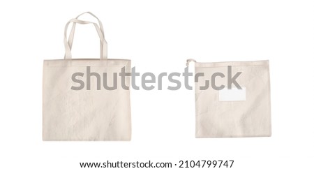 Cotton eco bags, fabric tote with handle for shopping. Vector realistic mockup of blank canvas packets for fruits and vegetables, textile reusable ecobags isolated on white background