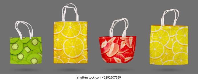 Cotton eco bags, summer fabric tote with fruit patterns.Textile reusable shoppers and beach bags with handles and print of orange, kiwi and strawberry slices, vector realistic mockup