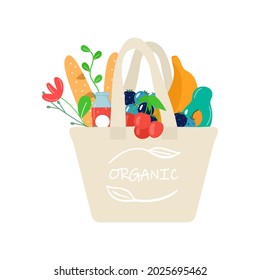 Cotton eco shopping net with vegetables, fruits and healthy drinks. Dairy food in reusable eco friendly shopper bag. Zero waste, plastic free concept. Flat trendy design
