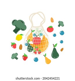 Cotton eco shopping net with vegetables, fruits and healthy drinks. Dairy food in reusable eco friendly shopper bag. Zero waste, plastic free concept. Flat trendy design.