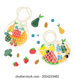 Cotton eco shopping net with vegetables, fruits and healthy drinks. Dairy food in reusable eco friendly shopper bag. Zero waste, plastic free concept. Flat trendy design