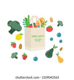 Cotton eco shopping net with vegetables, fruits and healthy drinks. Dairy food in reusable eco friendly shopper bag. Zero waste, plastic free concept. Flat trendy design