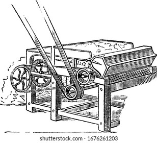 The cotton engine or cotton gin, that is used to separate the cotton fibers from the seedpods, vintage line drawing or engraving illustration.