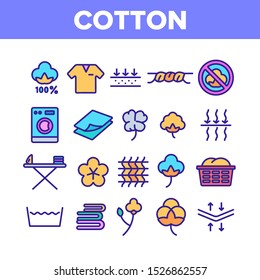 Cotton Fabric Collection Elements Icons Set Vector Thin Line. Textile Cotton Material Clothes, Washing Machine And Ironing Board Concept Linear Pictograms. Color Contour Illustrations