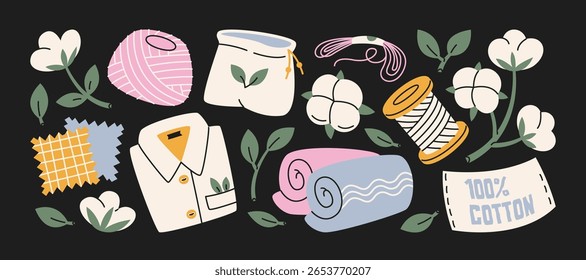 Cotton fabric elements in retro cartoon style. Textile icons: flower, thread, shirt, rolls. Natural material concept, handmade crafts, illustration in funky, doodle style, trendy sticker set.