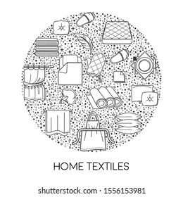 Cotton fabric, home textile shop isolated icon, linen and towels, pillows and curtains vector. Mattress and blanket, kerchief and drapes, kitchen glove and apron. Slippers, feather cushions filling