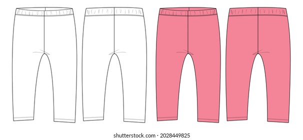 Cotton fabric pant for baby girls. Overall technical Fashion flat sketch vector template front and back view. 
 Set White and Purple color Pant trousers collection basic apparel design mock up.