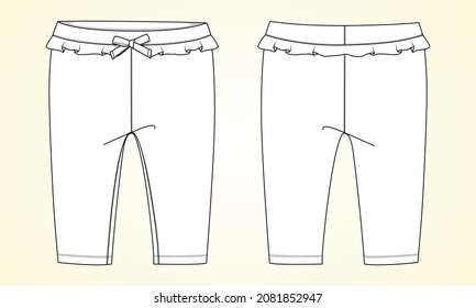 Cotton fabric pant for baby girls. Overall technical Fashion flat sketch vector template front and back view. Pant trousers collection basic apparel design mock up.
