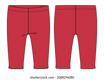 Cotton fabric pant for baby girls. Overall technical Fashion flat sketch vector template front and back view. Red color Pant trousers collection basic apparel design mock up.
