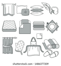 Cotton fabric rolls, home textile, linen and towels, pillows and curtains isolated objects vector. Matress and blanket, kerchief and drapes, kitchen glove and apron. Slippers, feather cushions filling