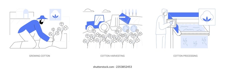 Cotton farm abstract concept vector illustration set. Growing cotton plants on field, agricultural machinery harvesting, cotton processing and wool manufacturing at factory abstract metaphor.