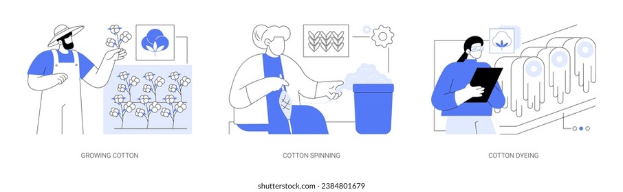 Cotton farm isolated cartoon vector illustrations set. Smiling farmer growing cotton on field, farmer woman dealing with spinning, man checking dyeing process, agriculture industry vector cartoon.