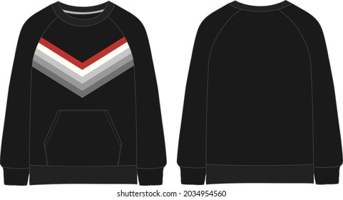 Cotton fleece jersey long sleeve sweatshirt with chest stripe Print technical fashion flat sketch vector template front and back views isolated on white background.  Men's clothing unisex top cad.