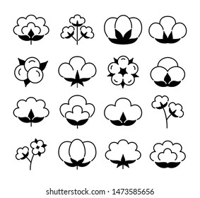 Cotton Flower & Ball. Flat Line Icon Set. Symbol & Logo For Natural Eco Organic Textile, Fabric. Isolated Objects. Black & White Vector Illustration.