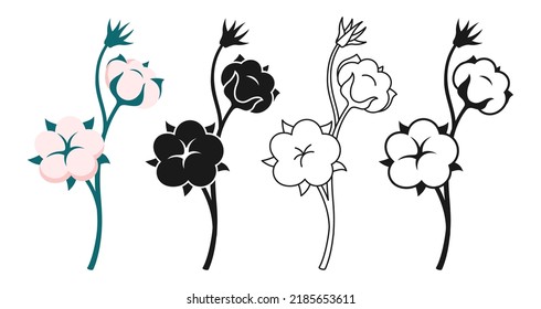 Cotton flower and branch emblem set. Cartoon or engraved ink stamp or linear doodle design. Botanical wedding herb, rustic trendy sign. Natural blossom fluffy fiber on stem. Ripe cotton boll fiber