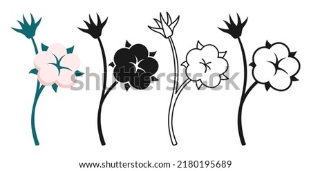 Cotton flower and branch emblem set. Botanical wedding herb, rustic trendy sign. Cartoon or engraved ink stamp or linear doodle design. Natural blossom fluffy fiber on stem. Ripe cotton boll fiber