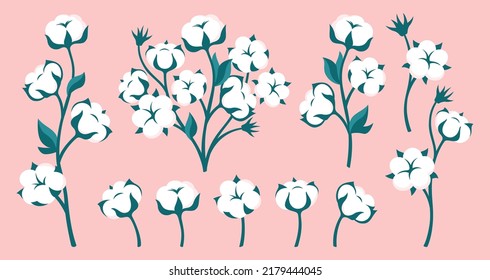 Cotton flower and branch flat cartoon set. Natural white blossom fluffy fiber on stem design. Botanical hand drawn wedding herb, rustic trendy greenery. Ripe cotton boll fiber bouquet isolated vector