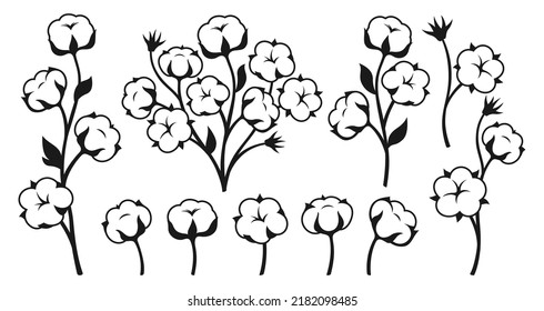 Cotton flower and branch monochrome set. Emblem natural blossom fluffy fiber on stem design. Botanical hand drawn wedding herb, rustic trendy greenery. Ripe cotton boll fiber bouquet isolated vector