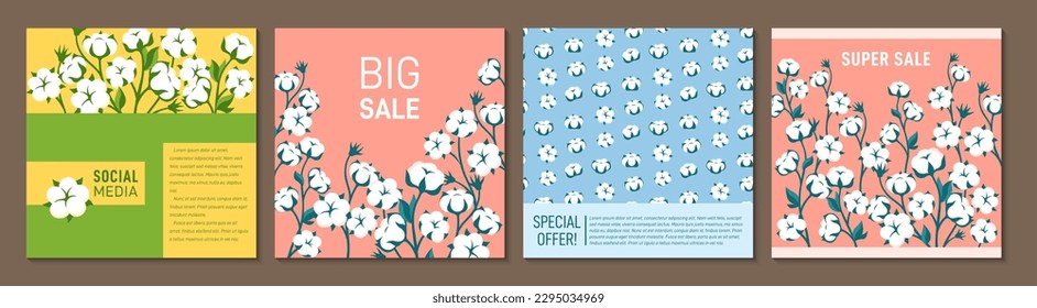 Cotton flower and branch trendy cover square card design set. Blossom fluffy fiber on stem plants pattern for page flyer, notebook planner. Decorative organic natural page brochure background vector