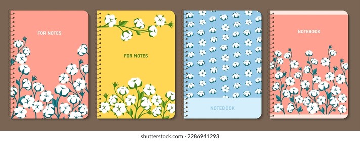 Cotton flower and branch trendy notebook cover set. Blossom fluffy fiber on stem plant design for planner, brochure, book, catalog. Notepad decorative layout page print template, botanical poster